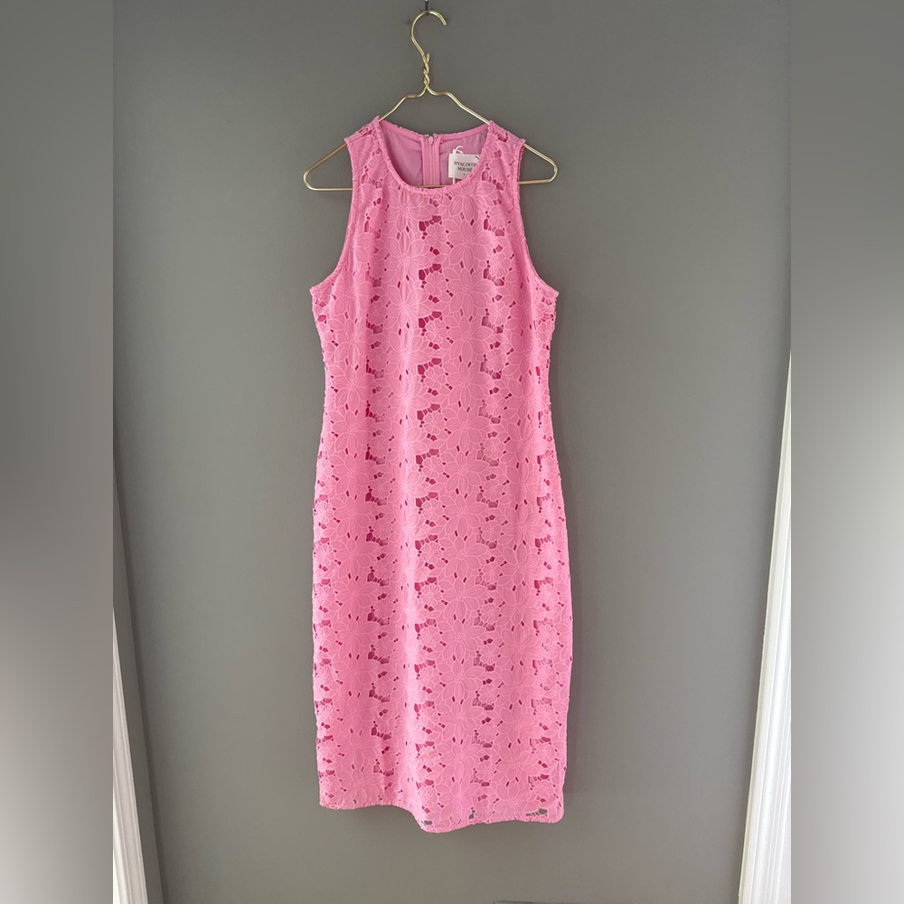 Sleeveless Pink Floral Lace Midi Dress